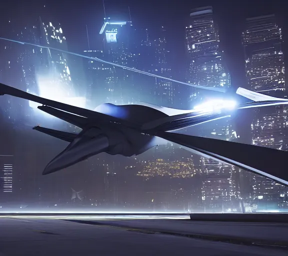 Image similar to futuristic sci fi jet lands at runway of cyberpunk city, night photo ,cinematic lighting , digital concept art