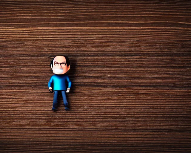 Image similar to steve jobs action figure sad bokeh on wooden table