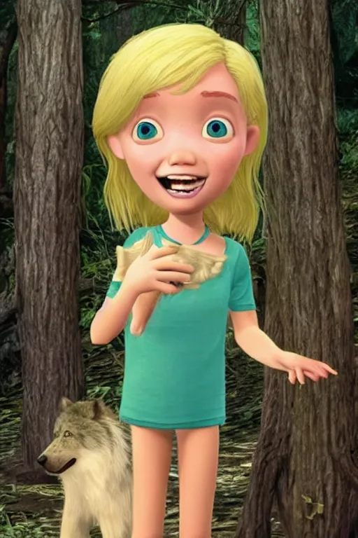 Image similar to young seven year old, blond hair green eyes ; girl, rinding a gray wolf, in a dark forest, pixar