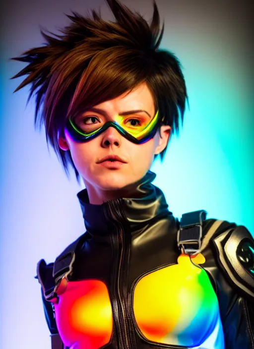 Image similar to hyperrealistic style portrait of tracer overwatch, confident pose, wearing black iridescent rainbow latex, rainbow, neon, 4 k, expressive surprised expression, makeup, wearing detailed black leather collar, wearing sleek armor, studio lighting, black leather harness, expressive detailed face and eyes,