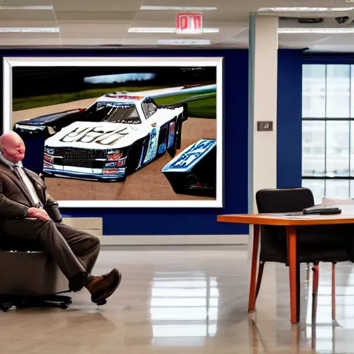 Prompt: cinematic shot of a bald white guy wearing a suit sitting in an office with NASCAR posters portraying Dale Earnhardt Jr covering the walls of the room, 8k, very intricate, very detailed,