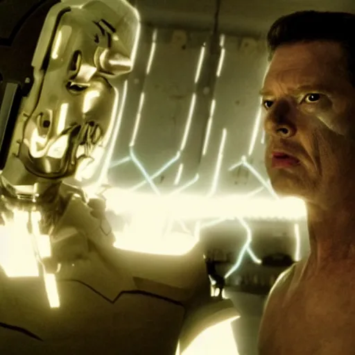 Image similar to movie still of a villain cyborg, facial expression, cinematic composition, cinematic light, surreal cinema, by edgar wright and david lynch,