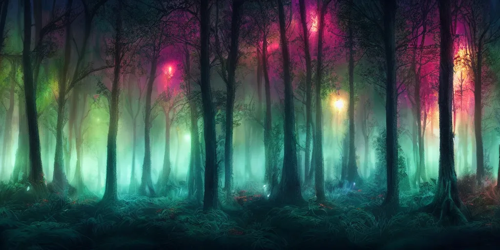 Image similar to beautiful matte painting of a colorful fantasy dark forest at night