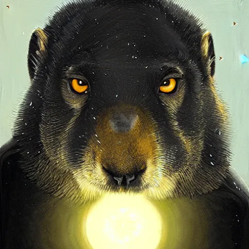 Image similar to portrait of a Marmot in a black cloak,  glowing eyes, detailed face, highly detailed, cinematic lighting, digital art painting by greg rutkowski.