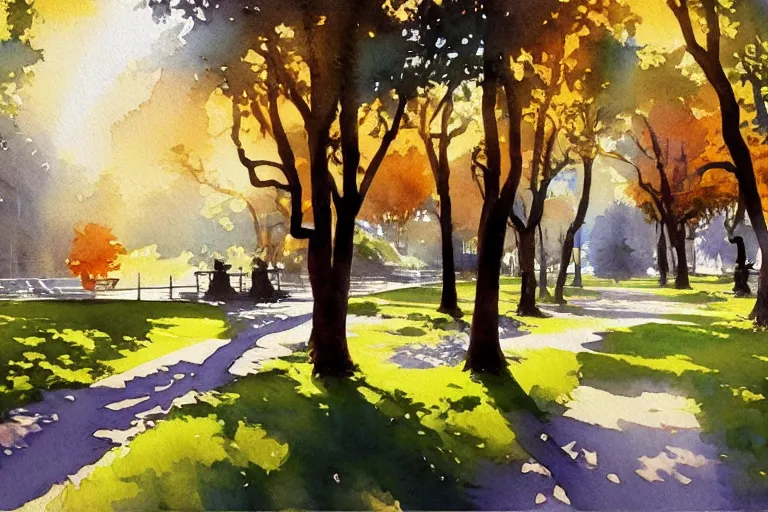 Image similar to small centered on watercolor paper, paint brush strokes, abstract watercolor painting of city park, daylight, shadows, covering foliage over pathway, sunlight, translucent leaves, cinematic light, national romanticism by hans dahl, by jesper ejsing, by anders zorn, by greg rutkowski, by greg manchess, by tyler edlin