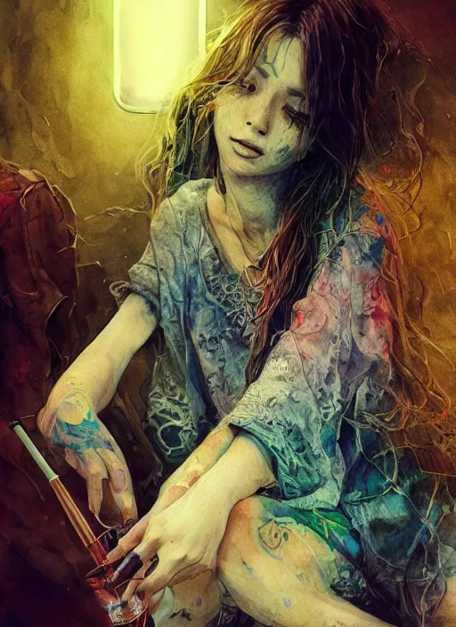 Image similar to portrait, beautiful Stoner hippy girl, sitting down, smoking a magical bong, watercolor, dramatic lighting, cinematic, establishing shot, extremely high detail, foto realistic, cinematic lighting, pen and ink, intricate line drawings, by Yoshitaka Amano, Ruan Jia, Kentaro Miura, Artgerm, post processed, concept art, artstation, matte painting, style by eddie mendoza, raphael lacoste, alex ross