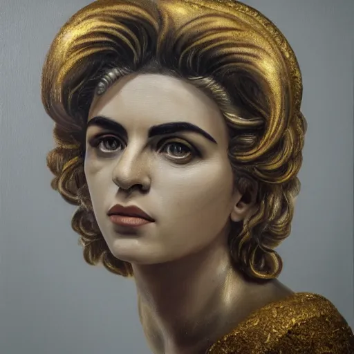 Prompt: a face portrait of electra heart as statue of david, fantasy setting, stone face, dim colors, soft lighting, atmospheric, cinematic, moody, in the style of diego koi, gina heyer, luiz escanuela, art by alyssa monk, hyperrealism, rule of thirds, golden ratio, oil on canvas