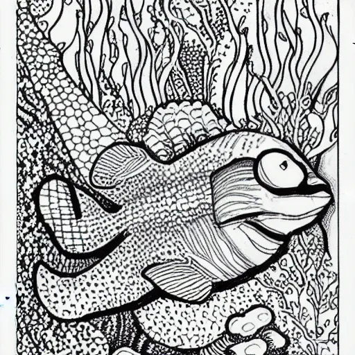 Prompt: a grayscale adult coloring page of sea life under the ocean