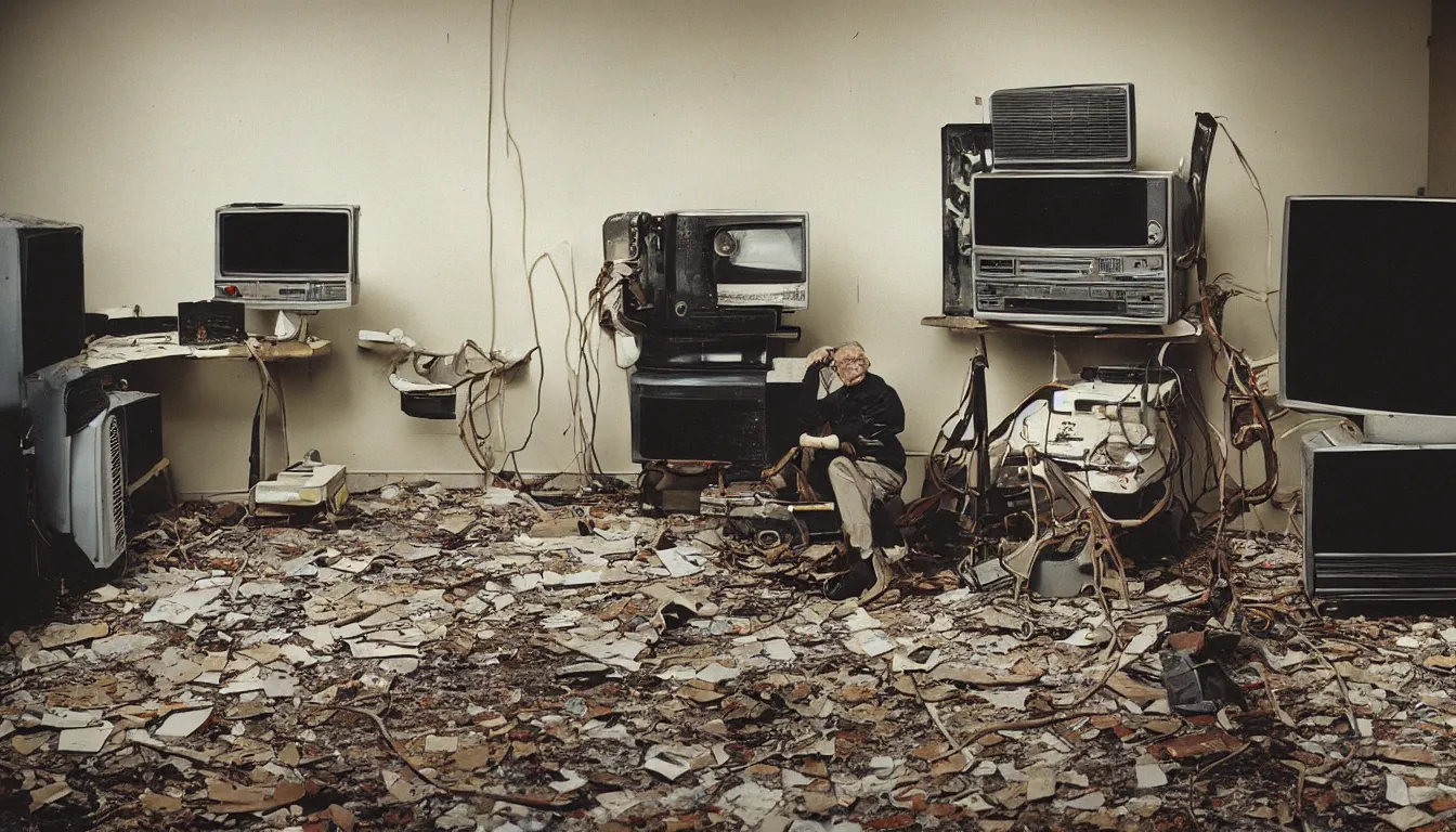 Image similar to In an decaying abandoned call centre office at night , A skinny old Man with a old television on his back ,flexible industrial pipes join his ears and mouth to the television, fibres trial on the floor ,Kodak portra 400 , volumetric lighting ,upscale ,