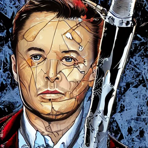 Image similar to elon musk is two face, harvey dent from batman, one face side has dragonskin fantasy sharp focus intricate elegant digital painting