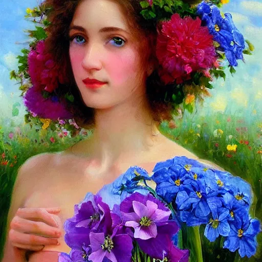 Prompt: a portrait of a romantic woman with flowers grow out of hair, roses peonies forget-me-nots dahlias lupins gladioli, sky theme in background, by Alexandr Averin, Digital Art, Trending on artstation