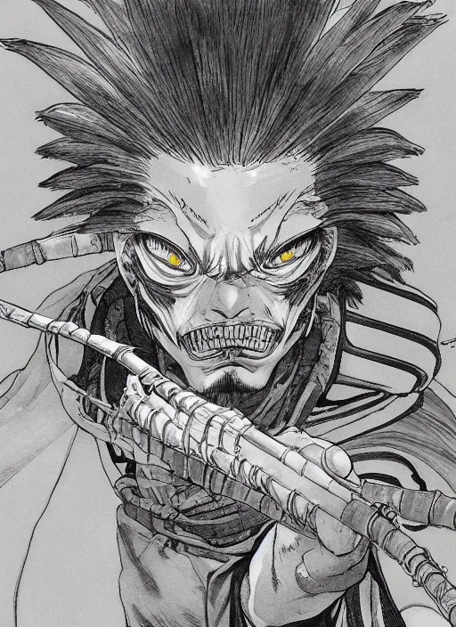 Image similar to a samurai with an extremely scary alien head, by takehiko inoue and kim jung gi and hiroya oku, masterpiece illustration, ultrarealistic, perfect face and anatomy, golden ratio