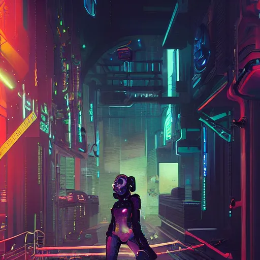 Prompt: A cyberpunk scene of a cyborg in a dark alley, steam punk, cybernetic, futuristic, highly detailed, no blur, 100mm lens, by Beeple and Hsiao-Ron Cheng