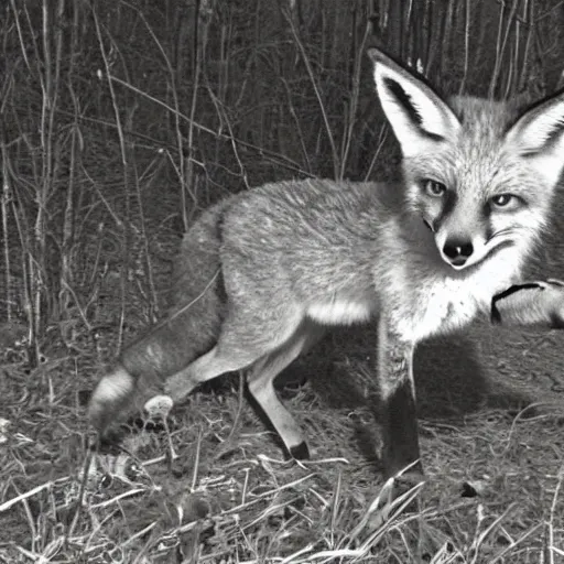 Image similar to trailcam footage of a fox dancing with a cat. night vision, fast shutter speed. caught on camera