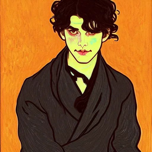 Image similar to painting of young cute handsome beautiful dark medium wavy hair man in his 2 0 s named shadow taehyung at the halloween pumpkin jack o'lantern party, depressed, melancholy, autumn, japan, elegant, clear, painting, stylized, delicate, soft facial features, delicate facial features, soft art, art by alphonse mucha, vincent van gogh, egon schiele