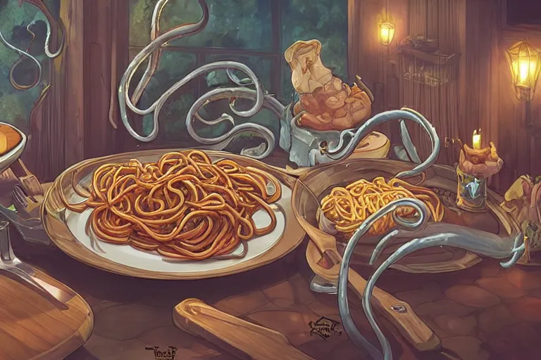 Image similar to magical restaurant serving tentacle-spaghetti to wizards, drawn by artgerm