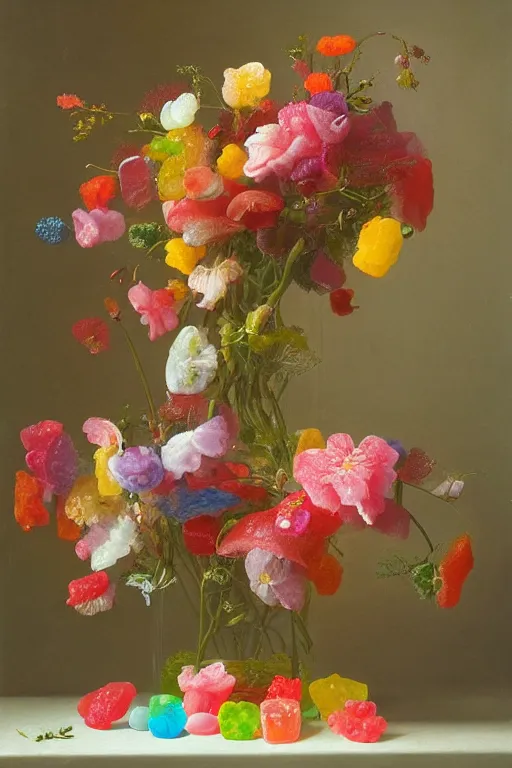 Image similar to painting of gummy flowers in a vase on a table, by rachel ruysch, pop surrealism, biomorphic, made of gummy bears flowers and jelly beans flowers, translucent gummy glowing delicious texture