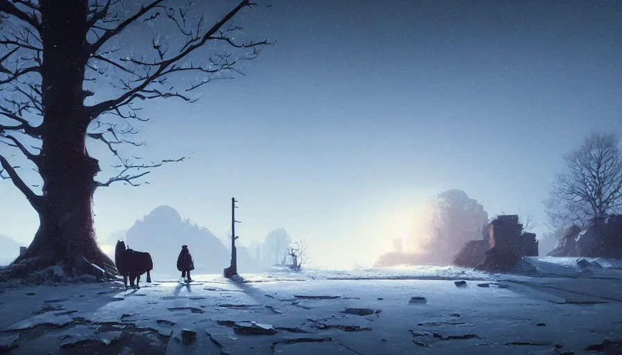 Prompt: highly detailed matte painting of a glistening snowy rural landscape by atey ghailan, by greg rutkowski, by greg tocchini, by james gilliard, by joe fenton, blue, brown, black and light blue color scheme, octane render