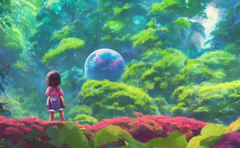 Image similar to a still of a cute adorable tiny astronaut, on a planet of lush colorful foliage, with an enormous kaiju dragon surrounding the full background, magical forest, sharp focus, neon backlit, highly detailed, disney pixar studio ghibli makoto shinkai, digital painting, matte, octane render, global illumination, iridescent, anime, 8 k concept art