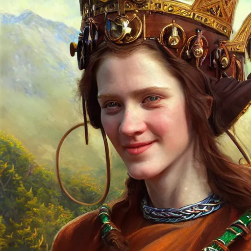 Prompt: an portrait of an happy female scottish celtic queen, detailed, centered, digital painting, artstation, concept art, donato giancola, Joseph Christian Leyendecker, WLOP, Boris Vallejo, Breathtaking, 8k resolution, extremely detailed, beautiful, establishing shot, artistic, hyperrealistic, beautiful face, octane render