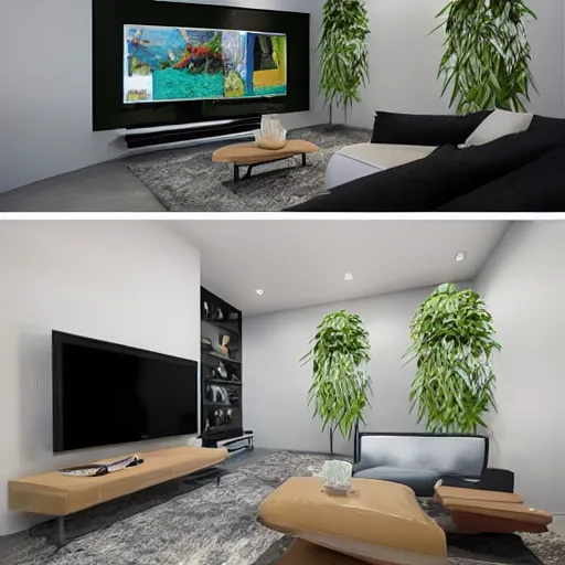 Image similar to a 5 0 meter living room with big television and two plants and pictures on the wall and wall watch unrealengine