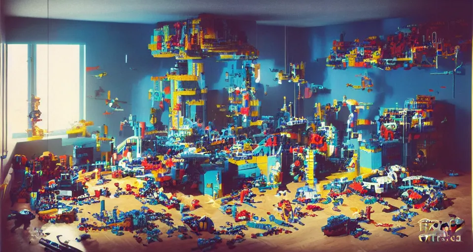 Image similar to IKEA catalogue photo, cyberpunk childrens bedroom, lego, mess by Beksiński