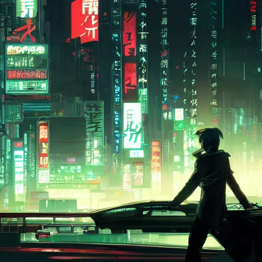 Prompt: a japanese cyberpunk android hacker, wide shot, finely detailed features, cyborg robot parts with glowing lights!, dramatic cinematic, night, at cyberpunk city, ghost in the shell, akira, noir, painted by greg rutkowski makoto shinkai takashi takeuchi craig mullins, alphonse mucha, studio ghibli, pixiv