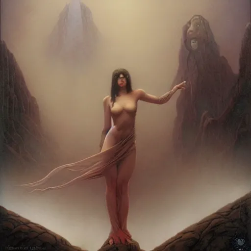 Image similar to mystic female in the mist by Gerald Brom, masterpiece