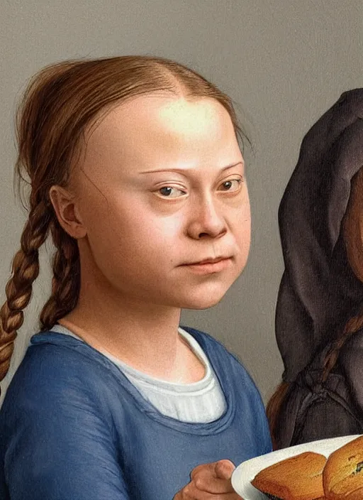 Image similar to greta thunberg eating cakes painted by hieronymus bosch, detailed digital art, trending on Artstation