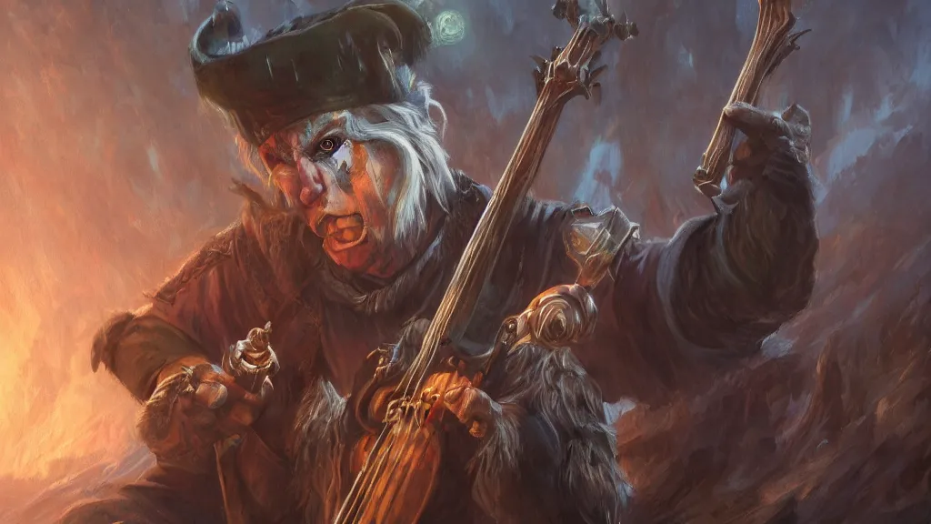 Image similar to A half-orc bard played by Gary Busey playing the lute, dreamscape, dramatic lighting, fantasy art illustration, trending on artstation, Aetherpunk