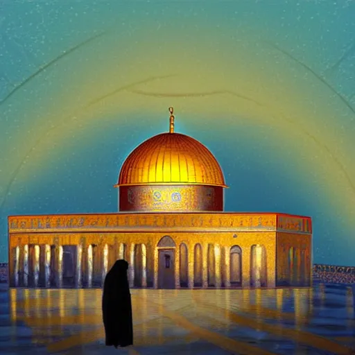 Image similar to a beautiful oil painting flyer design illustration of dome of the rock jerusalem and a silhouette of muslim is praying to god in front of it, intricate, elegant, glowing lights, highly detailed, digital painting, artstation, concept art, smooth, sharp focus, illustration, flat background