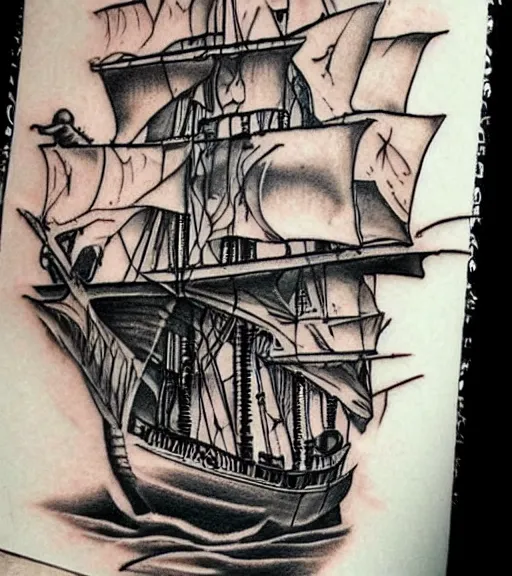 Image similar to a pirate ship, realism tattoo design, highly detailed tattoo, shaded tattoo, hyper realistic tattoo