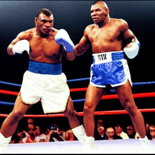 Prompt: a 1980's picture of mike tyson boxing another fighter