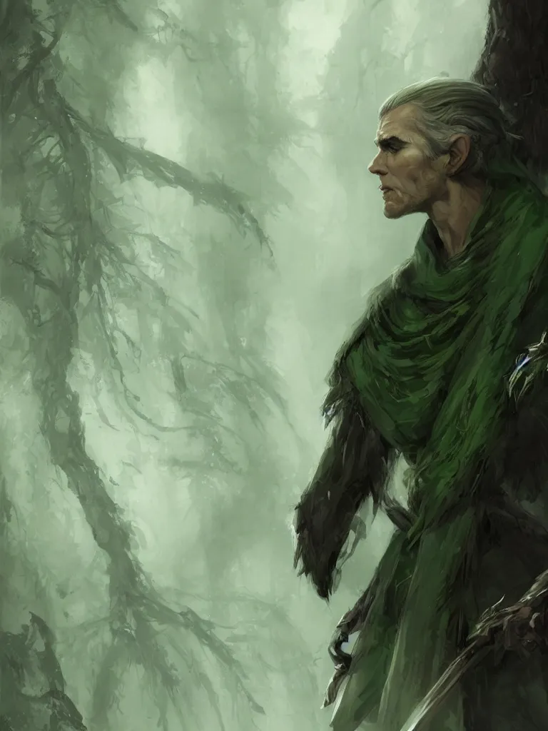 Image similar to portrait of a male wood elf ranger with white hair, green eyes and a dark evergreen cloak, fantasy, intricate, elegant, highly detailed, digital painting, trending on artstation, concept art, smooth, sharp focus, illustration by greg rutkowski, craig mullins, frank frazetta