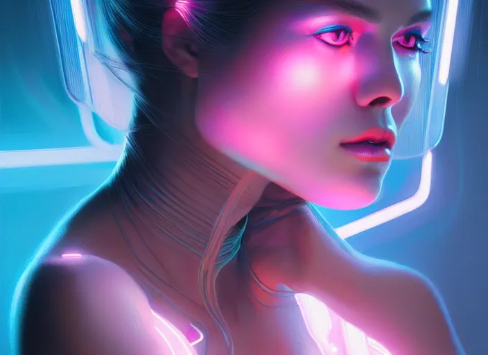 Image similar to portrait of female humanoid from 6 0 s era, intricate, elegant, cyber neon lights, highly detailed, digital painting, artstation, glamor pose, concept art, smooth, sharp focus, illustration, art by artgerm and greg rutkowski