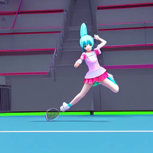 Image similar to photo of hatsune miku in real world playing tennis