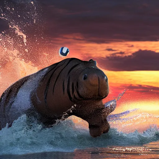 Image similar to a closeup photorealistic photograph of a cute stylish tiger hippo playing volleyball at the beach during sunset. Surf in the background. This 4K HD image is Trending on Artstation, featured on Behance, well-rendered, extra crisp, features intricate detail and the style of Unreal Engine.