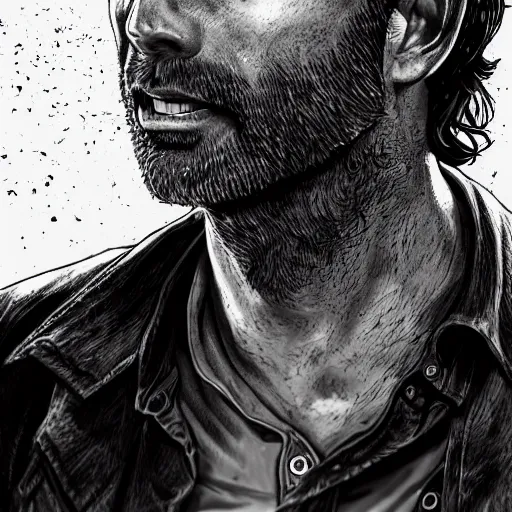 Prompt: rick grimes line art, the walking dead, zombie, head and shoulders shot, fantasy, medieval, vivid colors, elegant, concept art, sharp focus, digital art, Hyper-realistic, 4K, Unreal Engine, Highly Detailed, HD, Dramatic Lighting by Brom, trending on Artstation