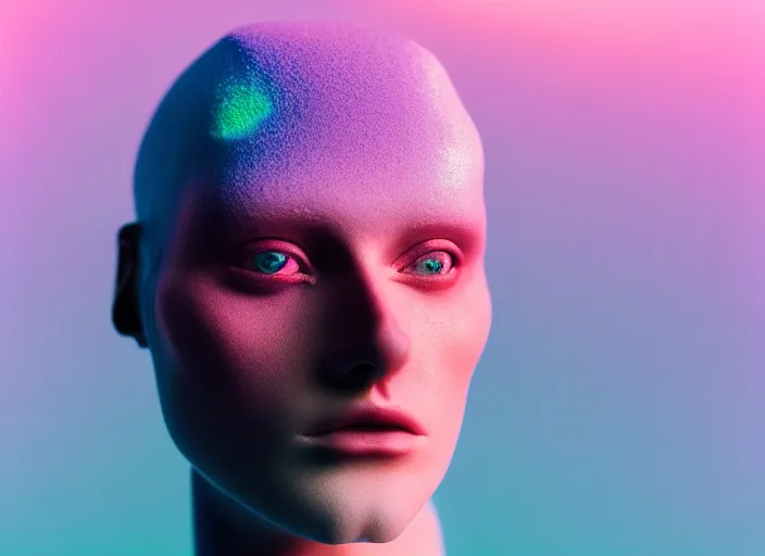 Image similar to high quality pastel coloured film close up selfie photograph of an androgynous cyber model standing in an icelandic black rock environment. three point light. photographic. art directed. pastel colours. volumetric light. pastel gradient overlay. waves glitch. 8 k. filmic.