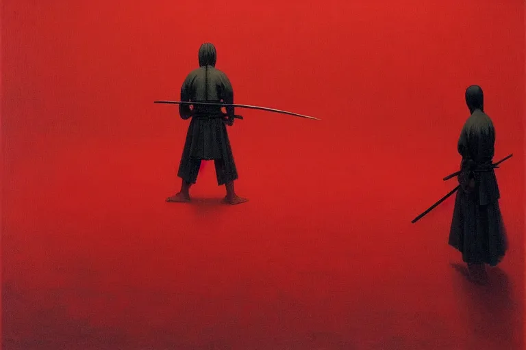 Image similar to only with red, a red samurai harakiri, tokio, a lot of frogs watch, in the style of beksinski, parts by edward hopper, parts by rodcenko, parts by yue minjun, intricate and epic composition, red by caravaggio, insanely quality, highly detailed, masterpiece, red light, artstation, 4 k