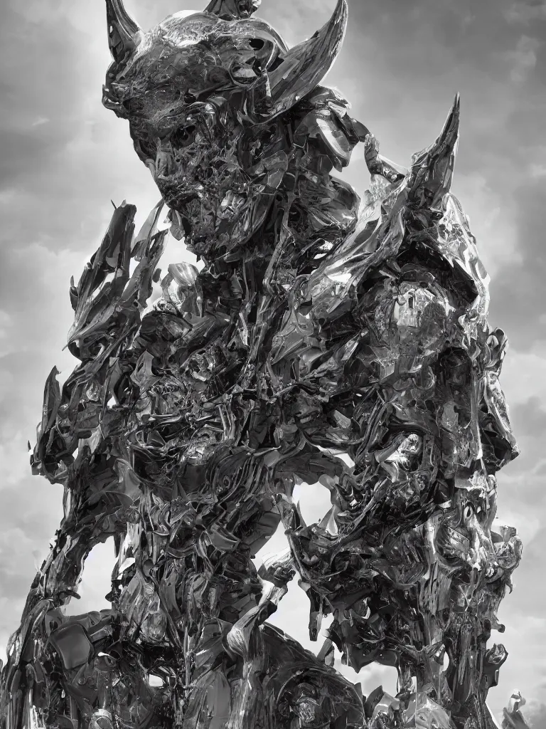 Image similar to Techno-God is an ancient mechanical gray giant horned humanoid, digital art, 16k, hyperrealism, high detail, ray tracing, concept art, octane render