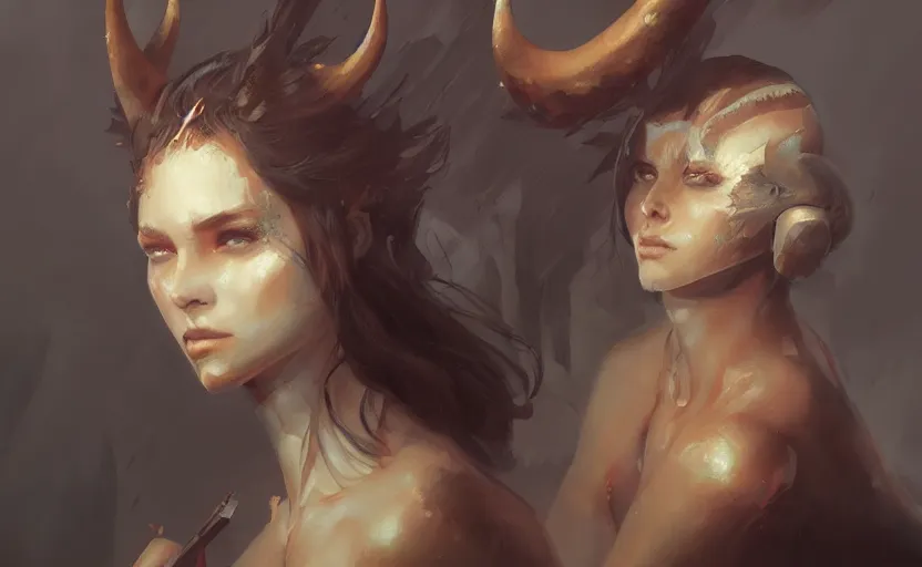 Image similar to a painting of aki trending on artstation in the style of greg rutkowski, beautiful, sensual, natural, demon horns