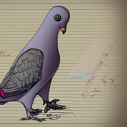 Prompt: A humanoid pigeon writing a Story using a laptop, Digital art