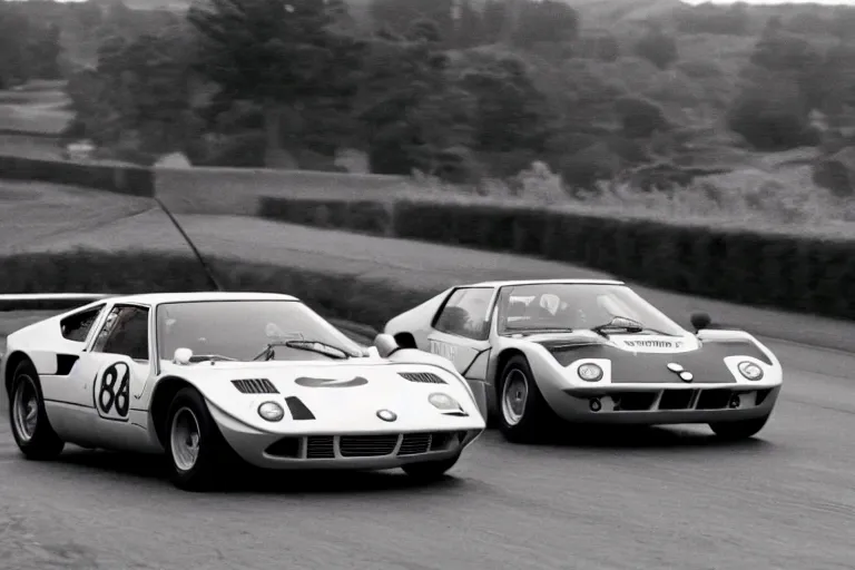 Image similar to vintage archival race footage of a single 1965 BMW M1, with elements of the De Tomaso Pantera F40, Lotus, GT40 and Countach, movie still, speed, cinematic Eastman 5384 film