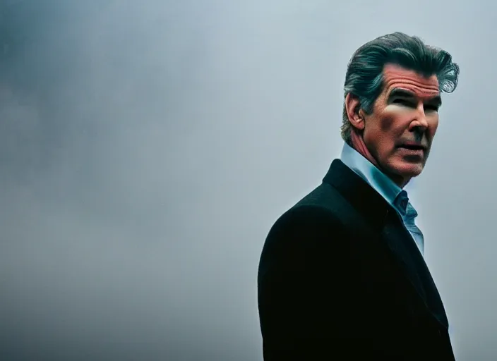 Image similar to film footage of pierce brosnan as giant monster in a foggy city, eerie, 8 k, 8 5 mm f 1. 8, studio lighting