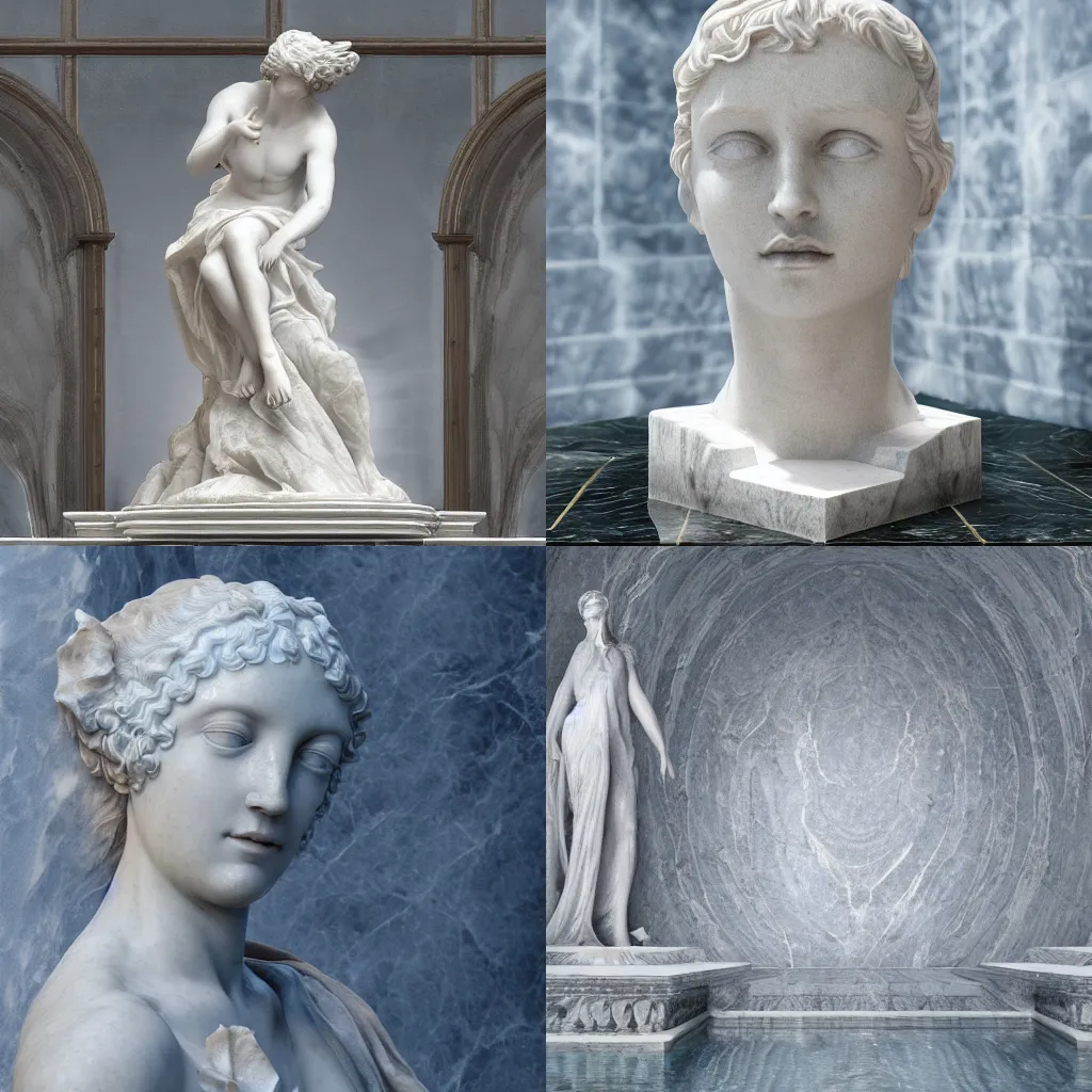Prompt: a delicate renaissance marble sculpture covered with water veil, highly detailed transparent marble cloth, gi, global illumination, physically based rendering, photorealistic, top light, dark background