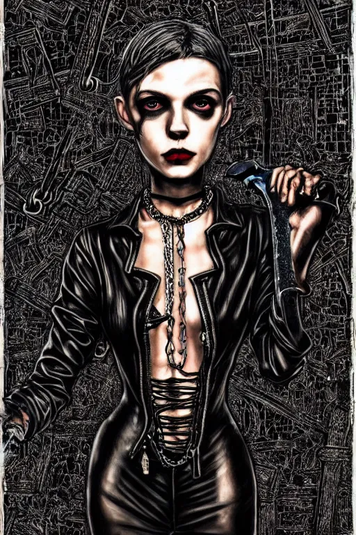 Prompt: dreamy gothic girl, black leather slim clothes, chains, chainsaw, beautiful slim body, detailed acrylic, grunge, intricate complexity, by dan mumford and by alberto giacometti, peter lindbergh