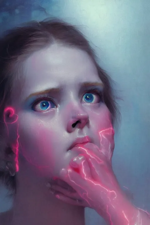 Prompt: close up on deep blue eyes crying, a very pale skinned girl, neon pink tears, dramatic lighting, highly detailed, intricate, sharp focus, subsurface scattering, art by caravaggio, greg rutkowski, thomas kindkade, ruan jia, norman rockwell, tom bagshaw.