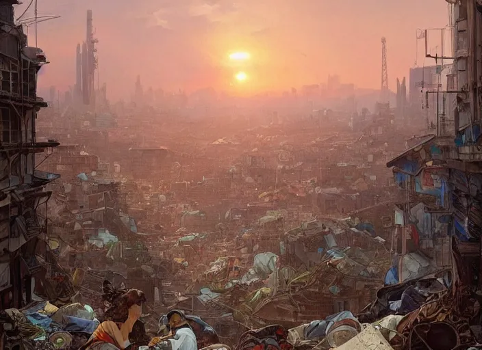 Image similar to seen from window, garbage dump, city is pure wasteland, sunset in background, detailed characters, alphonse mucha, greg rutkowski, trending on artstation, artgerm, breathtaking, sharp focus, smooth, mark arian, award winning, highly detailed 4 k art