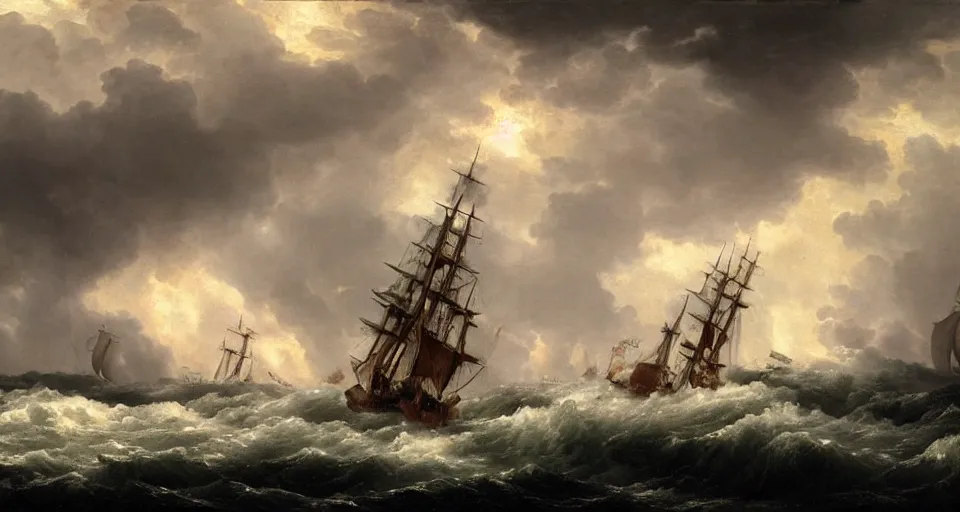 Prompt: british 1 7 0 0 s frigate surrounded by raging stormy seas by eugene von guerard, ivan shishkin, night, red lightning!!, storm!, dramatic lighting, concept art, trending on artstation, 8 k